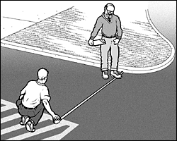 two men are measuring the width of a driveway
